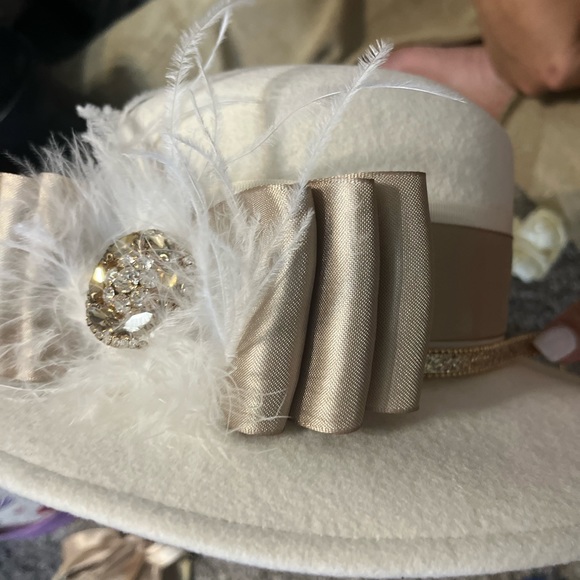 TWEED TAN WHITE HOMECOMING SUIT HAT DRESS GUC ALTERED PEARL BUTTONS WOOL HAT SM - Picture 9 of 12